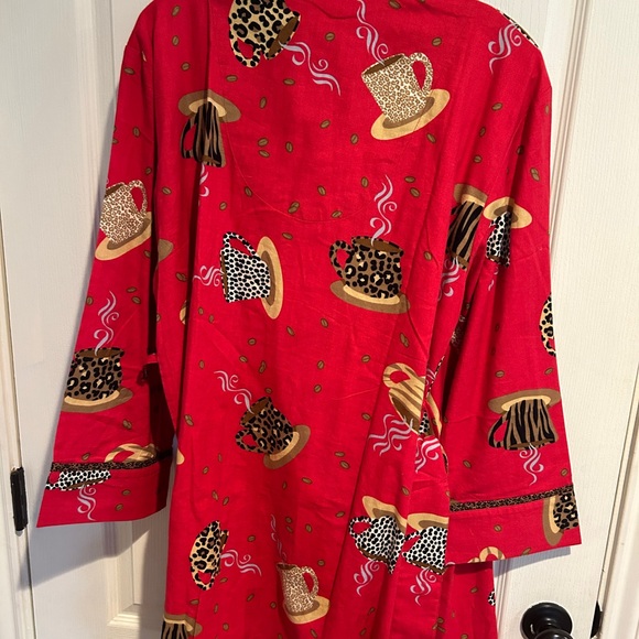 Never worn pajama set, robe-one size fits most, bottom S. Flannel coffee design - Picture 3 of 9